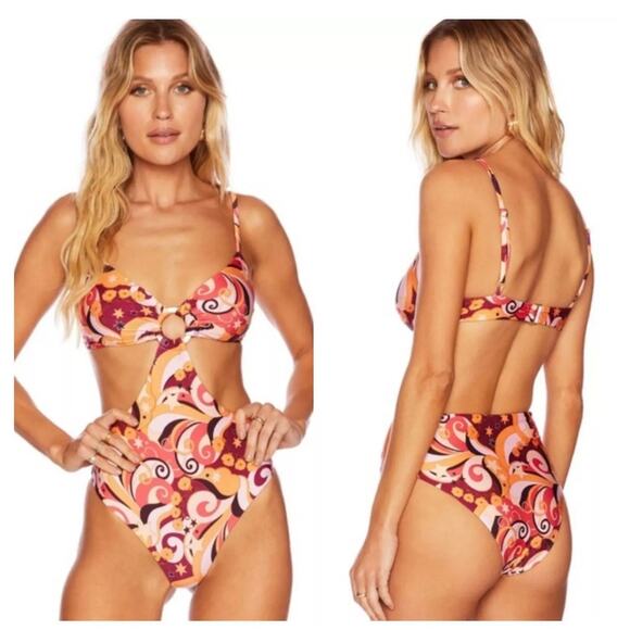 Beach Riot Kirsten 70s Geo Print Cut Out O-Ring One Piece Swimsuit Size Small - Picture 1 of 8